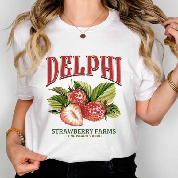 Gildan Tops - Delphi Strawberry Farms Shirt, Book Lover Graphic Shirt